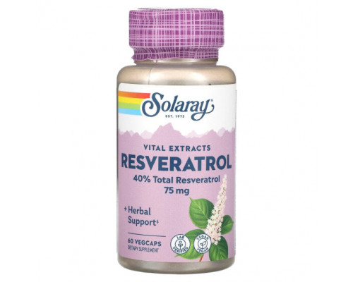 Ресвератрол Solaray, Vital Extracts, ресвератрол, 75 мг, 60 растительных капсул Ресвератрол Solaray, Vital Extracts, ресвератрол, 75 мг, 60 растительных капсул