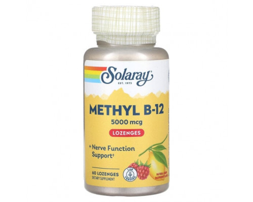 Витамины группы B Solaray, Метил B-12, малина-лимон, 5000 мкг, 60 леденцов Витамины группы B Solaray, Метил B-12, малина-лимон, 5000 мкг, 60 леденцов