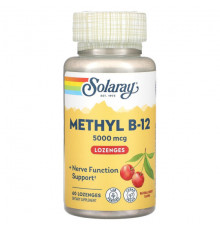 Витамины группы B Solaray, Mega Potency Methyl B-12, натуральный вишневый вкус, 5000 мкг, 60 лепешек