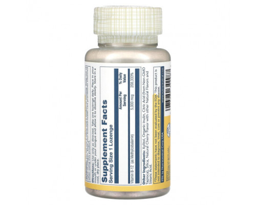 Витамины группы B Solaray, Mega Potency Methyl B-12, натуральный вишневый вкус, 5000 мкг, 60 лепешек Витамины группы B Solaray, Mega Potency Methyl B-12, натуральный вишневый вкус, 5000 мкг, 60 лепешек