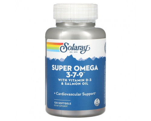 Рыбий жир и Омега 3, 6, 9 Solaray, Super Omega 3-7-9 с витамином D3 и маслом лосося, 120 мягких таблеток Рыбий жир и Омега 3, 6, 9 Solaray, Super Omega 3-7-9 с витамином D3 и маслом лосося, 120 мягких таблеток