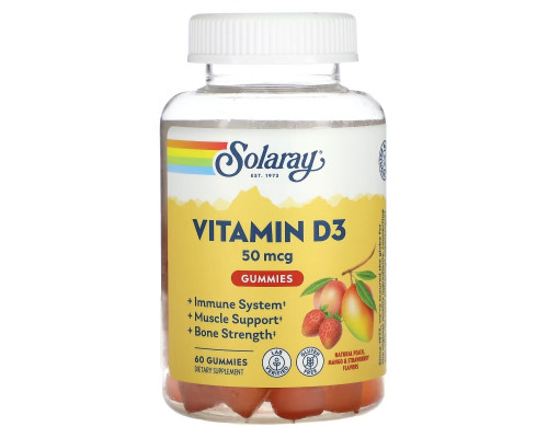 Solaray, Vitamin D3 Gummies, Natural Peach, Mango & Strawberry, 25 mcg, 60 Gummies Solaray, Vitamin D3 Gummies, Natural Peach, Mango & Strawberry, 25 mcg, 60 Gummies