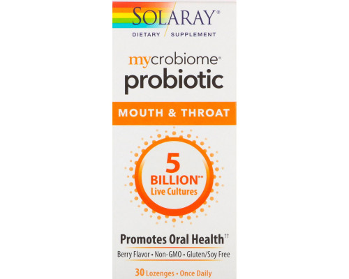 Solaray, Микробиомный пробиотик, рот и горло, с ягодным вкусом, 30 пастилок Solaray, Микробиомный пробиотик, рот и горло, с ягодным вкусом, 30 пастилок