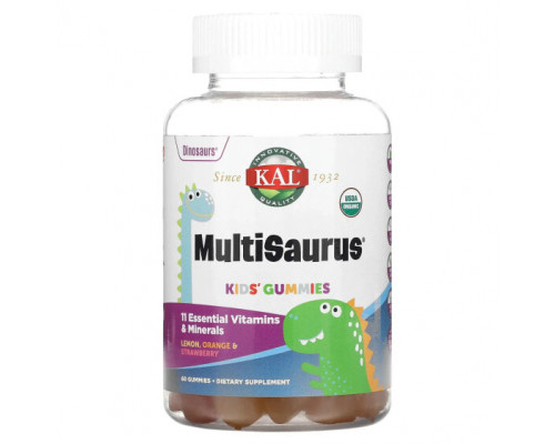 Детское здоровье KAL, Kids Multisaurus, жевательные мармеладки, лимон, апельсин и клубника, 60 жевательных таблеток Детское здоровье KAL, Kids Multisaurus, жевательные мармеладки, лимон, апельсин и клубника, 60 жевательных таблеток