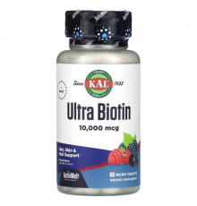 Для волос и ногтей KAL, Ultra Biotin, ActivMelt, биотин, со вкусом ягодного ассорти, 10 000 мкг, 60 микротаблеток