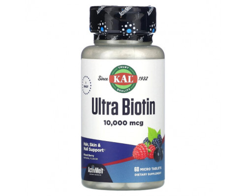 Для волос и ногтей KAL, Ultra Biotin, ActivMelt, биотин, со вкусом ягодного ассорти, 10 000 мкг, 60 микротаблеток Для волос и ногтей KAL, Ultra Biotin, ActivMelt, биотин, со вкусом ягодного ассорти, 10 000 мкг, 60 микротаблеток