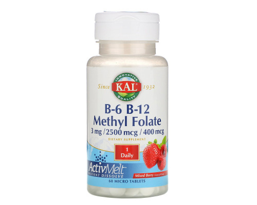 KAL, B-6 B-12 Methyl Folate, Mixed Berry, 3 mg / 2500 mcg / 400 mcg, 60 Micro Tablets KAL, B-6 B-12 Methyl Folate, Mixed Berry, 3 mg / 2500 mcg / 400 mcg, 60 Micro Tablets