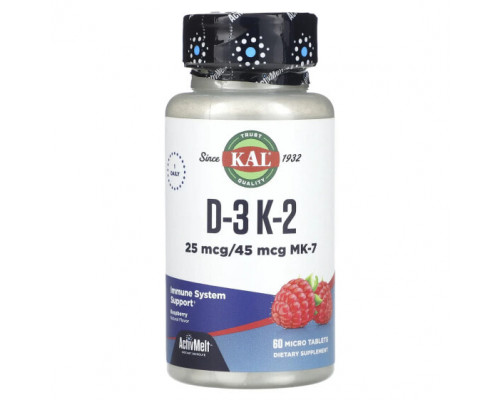 Витамин D KAL, D-3, K-2, малина, 60 микротаблеток Витамин D KAL, D-3, K-2, малина, 60 микротаблеток