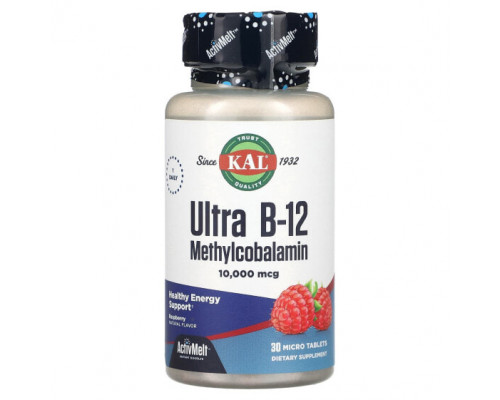 Витамины группы B KAL, Ultra B12, метилкобаламин, со вкусом малины, 10 000 мкг, 30 микротаблеток Витамины группы B KAL, Ultra B12, метилкобаламин, со вкусом малины, 10 000 мкг, 30 микротаблеток