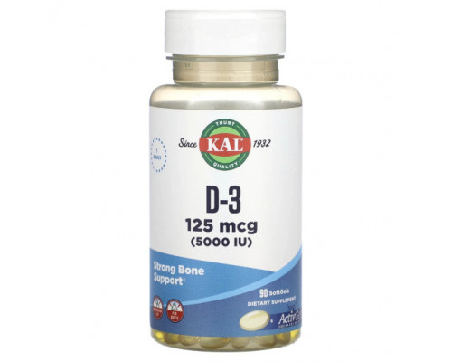 Витамин D KAL, D-3, 125 mcg (5,000 IU), 90 Softgels Витамин D KAL, D-3, 125 mcg (5,000 IU), 90 Softgels