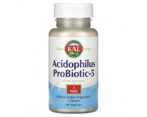 Пребиотики и пробиотики KAL, Acidophilus ProBiotic-5, 60 растительных капсул Пребиотики и пробиотики KAL, Acidophilus ProBiotic-5, 60 растительных капсул