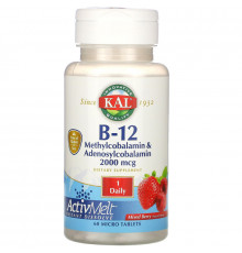 KAL, B-12 Methylcobalamin & Adenosylcobalamin, ActivMelt, Mixed Berry, 2000 mcg, 60 Micro Tablets