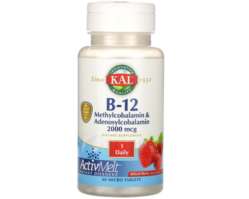 KAL, B-12 Methylcobalamin & Adenosylcobalamin, ActivMelt, Mixed Berry, 2000 mcg, 60 Micro Tablets KAL, B-12 Methylcobalamin & Adenosylcobalamin, ActivMelt, Mixed Berry, 2000 mcg, 60 Micro Tablets