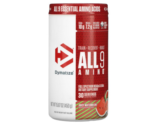 Dymatize Nutrition, All 9 Amino, Сочный арбуз, 15,87 унц. (450 г) Dymatize Nutrition, All 9 Amino, Сочный арбуз, 15,87 унц. (450 г)