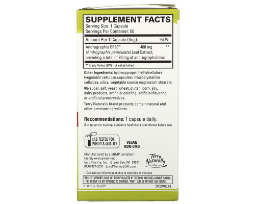 Terry Naturally, Andrographis EP80, Extra Strength, 60 Capsules Terry Naturally, Andrographis EP80, Extra Strength, 60 Capsules