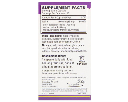 Terry Naturally, Tri-Iodine, 3 мг, 90 капсул Terry Naturally, Tri-Iodine, 3 мг, 90 капсул