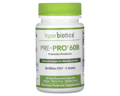 Пребиотики и пробиотики Hyperbiotics, Pre + Pro 60B, 60 млрд КОЕ, 30 кислотостойких капсул Пребиотики и пробиотики Hyperbiotics, Pre + Pro 60B, 60 млрд КОЕ, 30 кислотостойких капсул