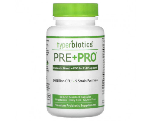 Пребиотики и пробиотики Hyperbiotics, Pre + Pro, 60 млрд КОЕ, 60 кислотостойких капсул Пребиотики и пробиотики Hyperbiotics, Pre + Pro, 60 млрд КОЕ, 60 кислотостойких капсул