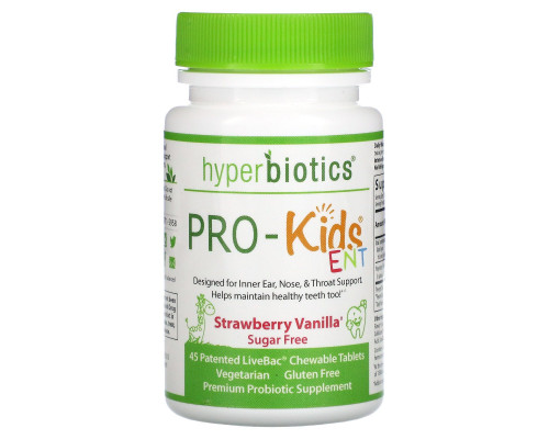 Hyperbiotics, Про-Детский ENT, Клубника Ваниль, Без Сахара, 45 Жевательных Таблеток Hyperbiotics, Про-Детский ENT, Клубника Ваниль, Без Сахара, 45 Жевательных Таблеток