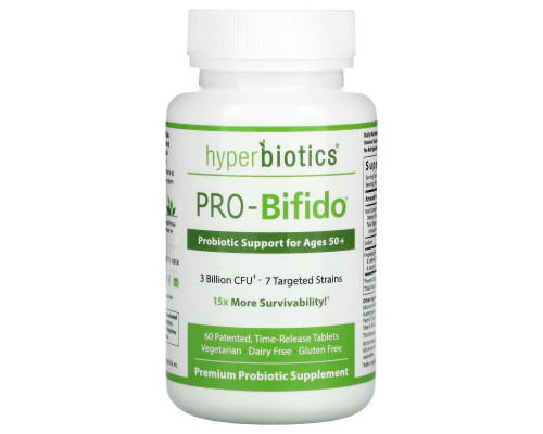 Hyperbiotics, "ПРО-бифидо", пробиотический поддерживающий препарат для людей старше 50 лет, 60 таблеток замедленного высвобождения Hyperbiotics, "ПРО-бифидо", пробиотический поддерживающий препарат для людей старше 50 лет, 60 таблеток замедленного высвобождения