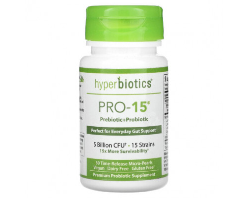 Пребиотики и пробиотики Hyperbiotics, Pro-15, пребиотик и пробиотик, 5 млрд КОЕ, 30 гранул замедленного высвобождения Пребиотики и пробиотики Hyperbiotics, Pro-15, пребиотик и пробиотик, 5 млрд КОЕ, 30 гранул замедленного высвобождения