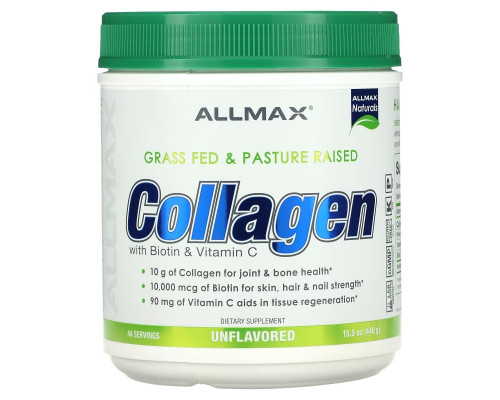 ALLMAX Nutrition, Grass Fed & Pasture Raised Collagen with 10,000 mcg Biotin + 90 mg Vitamin C, 15.5 oz (440 g) ALLMAX Nutrition, Grass Fed & Pasture Raised Collagen with 10,000 mcg Biotin + 90 mg Vitamin C, 15.5 oz (440 g)
