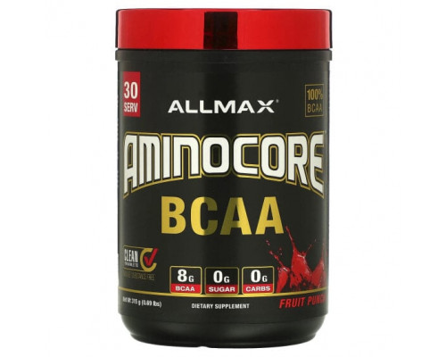 Аминокислоты ALLMAX, AMINOCORE BCAA, смесь для роста мышц, фруктовый пунш, 315 г (0,69 фунта) Аминокислоты ALLMAX, AMINOCORE BCAA, смесь для роста мышц, фруктовый пунш, 315 г (0,69 фунта)