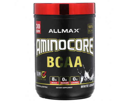 Аминокислоты ALLMAX, AMINOCORE BCAA, белый виноград, 315 г (0,69 фунта) Аминокислоты ALLMAX, AMINOCORE BCAA, белый виноград, 315 г (0,69 фунта)