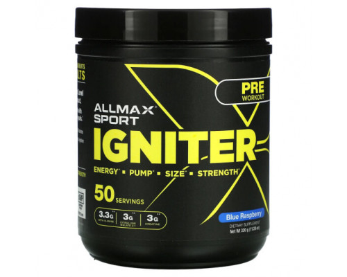 Предтренировочные комплексы ALLMAX, Igniter, перед тренировкой, с голубой малиной, 320 г (11,28 унции) Предтренировочные комплексы ALLMAX, Igniter, перед тренировкой, с голубой малиной, 320 г (11,28 унции)