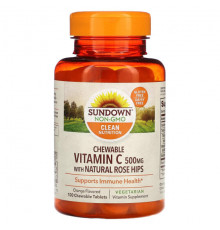 От гриппа и простуды Sundown Naturals, Жевательный витамин C с натуральным шиповником, апельсин, 500 мг, 100 жевательных таблеток