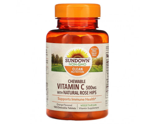 От гриппа и простуды Sundown Naturals, Жевательный витамин C с натуральным шиповником, апельсин, 500 мг, 100 жевательных таблеток От гриппа и простуды Sundown Naturals, Жевательный витамин C с натуральным шиповником, апельсин, 500 мг, 100 жевательных таблеток