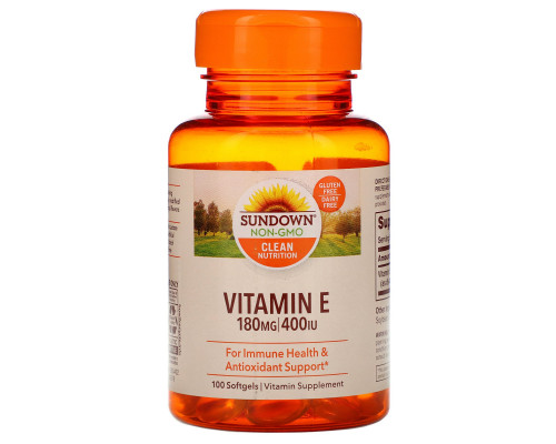 Sundown Naturals, Витамин E, 180 мг (400 МЕ), 100 мягких таблеток Sundown Naturals, Витамин E, 180 мг (400 МЕ), 100 мягких таблеток