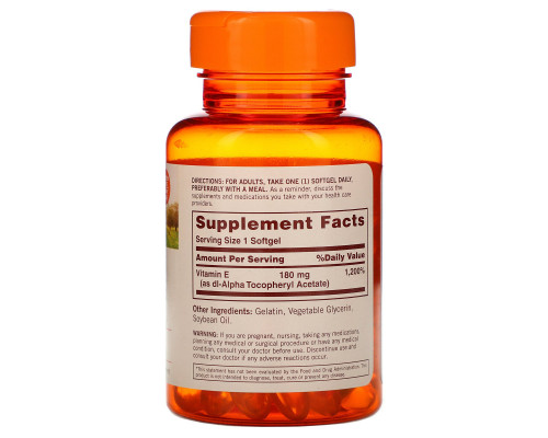 Sundown Naturals, Витамин E, 180 мг (400 МЕ), 100 мягких таблеток Sundown Naturals, Витамин E, 180 мг (400 МЕ), 100 мягких таблеток
