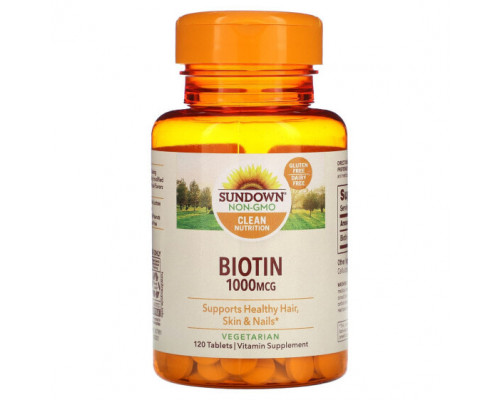 Для волос и ногтей Sundown Naturals, Биотин, 1000 мкг, 120 таблеток Для волос и ногтей Sundown Naturals, Биотин, 1000 мкг, 120 таблеток