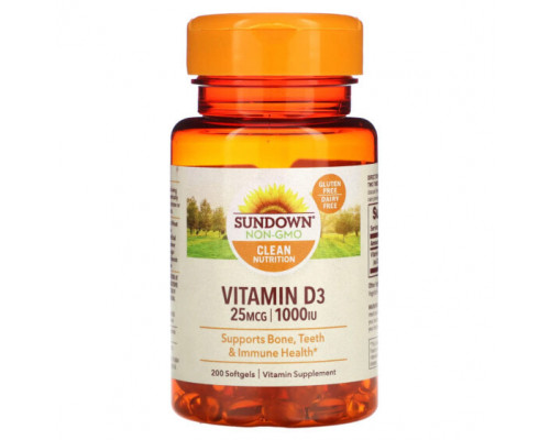 Витамин D Sundown Naturals, Витамин D3, 25 мкг (1000 МЕ), 200 мягких таблеток Витамин D Sundown Naturals, Витамин D3, 25 мкг (1000 МЕ), 200 мягких таблеток