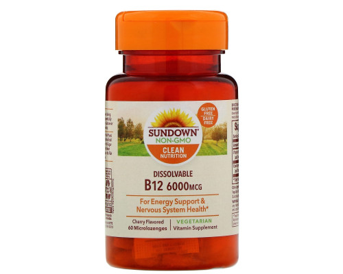 Sundown Naturals, Растворимый B12, со вкусом вишни, 6000 мкг, 60 микропастилок Sundown Naturals, Растворимый B12, со вкусом вишни, 6000 мкг, 60 микропастилок