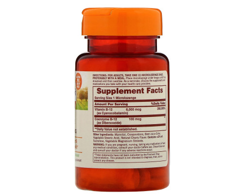 Sundown Naturals, Растворимый B12, со вкусом вишни, 6000 мкг, 60 микропастилок Sundown Naturals, Растворимый B12, со вкусом вишни, 6000 мкг, 60 микропастилок
