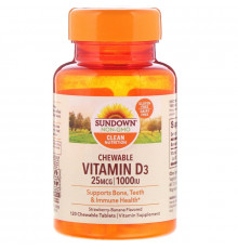 Sundown Naturals, Витамин D3 с клубнично-банановым вкусом, 25 мг (1000 МЕ), 120 жевательных таблеток