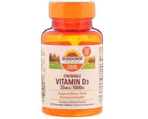 Sundown Naturals, Витамин D3 с клубнично-банановым вкусом, 25 мг (1000 МЕ), 120 жевательных таблеток Sundown Naturals, Витамин D3 с клубнично-банановым вкусом, 25 мг (1000 МЕ), 120 жевательных таблеток