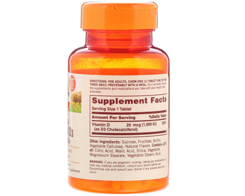 Sundown Naturals, Витамин D3 с клубнично-банановым вкусом, 25 мг (1000 МЕ), 120 жевательных таблеток Sundown Naturals, Витамин D3 с клубнично-банановым вкусом, 25 мг (1000 МЕ), 120 жевательных таблеток