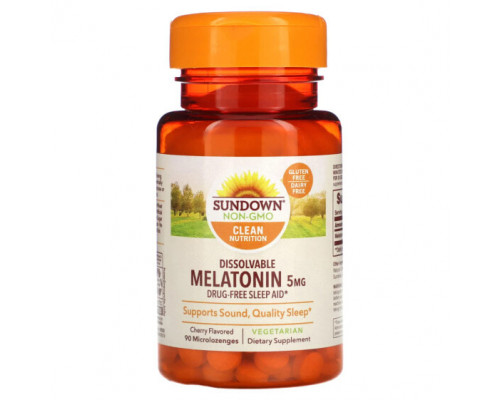 Для здорового сна Sundown Naturals, Растворимый мелатонин, вишня, 5 мг, 90 микролозжей Для здорового сна Sundown Naturals, Растворимый мелатонин, вишня, 5 мг, 90 микролозжей