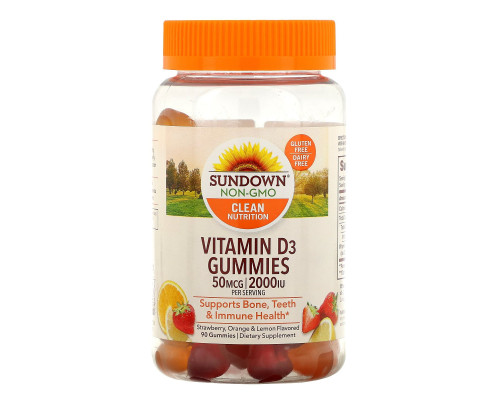Sundown Naturals, Жевательные таблетки с витамином D3 со вкусами клубники, апельсина и лимона, 50 мкг /2 000 МЕ, 90 жевательных таблеток Sundown Naturals, Жевательные таблетки с витамином D3 со вкусами клубники, апельсина и лимона, 50 мкг /2 000 МЕ, 90 жевательных таблеток