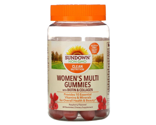 Sundown Naturals, Мультивитаминные мармеладки для женщин, с биотином, вкусом малины, 60 штук Sundown Naturals, Мультивитаминные мармеладки для женщин, с биотином, вкусом малины, 60 штук