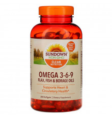 Sundown Naturals, Омега 3-6-9 - льняное масло, рыбий жир и масло бурачника, 200 мягких таблеток