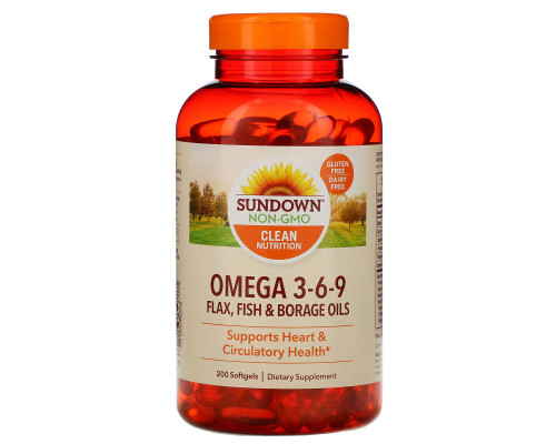 Sundown Naturals, Омега 3-6-9 - льняное масло, рыбий жир и масло бурачника, 200 мягких таблеток Sundown Naturals, Омега 3-6-9 - льняное масло, рыбий жир и масло бурачника, 200 мягких таблеток