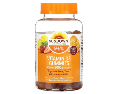 Витамин D Sundown Naturals, Витамин D3, жевательные мармеладки, клубника, апельсин и лимон, 25 мкг (1000 МЕ), 150 жевательных таблеток Витамин D Sundown Naturals, Витамин D3, жевательные мармеладки, клубника, апельсин и лимон, 25 мкг (1000 МЕ), 150 жевательных таблеток
