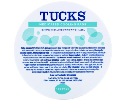 Tucks, пропитанные медикаментами охлаждающие подушечки, 100 подушечек Tucks, пропитанные медикаментами охлаждающие подушечки, 100 подушечек