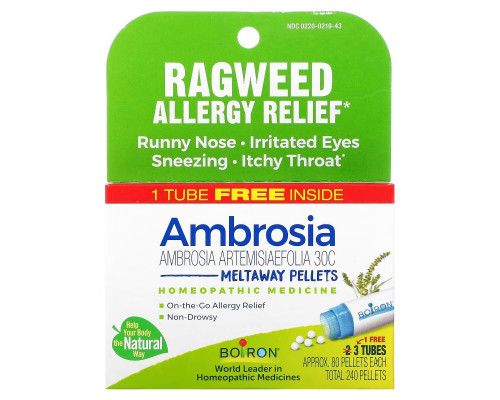 Boiron, Ambrosia, Ragweed Allergy Relief, Meltaway Pellets, 3 Tubes, 80 Pellets Each Boiron, Ambrosia, Ragweed Allergy Relief, Meltaway Pellets, 3 Tubes, 80 Pellets Each