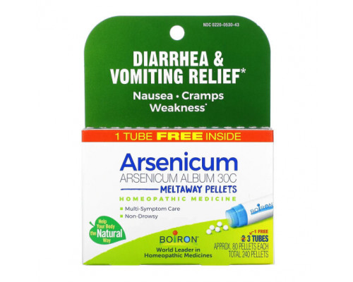 Травы и натуральные средства Boiron, Arsenicum, Средство от диареи и рвоты, гранулы Meltaway, 30C, 3 пробирки, 80 гранул в каждой Травы и натуральные средства Boiron, Arsenicum, Средство от диареи и рвоты, гранулы Meltaway, 30C, 3 пробирки, 80 гранул в каждой