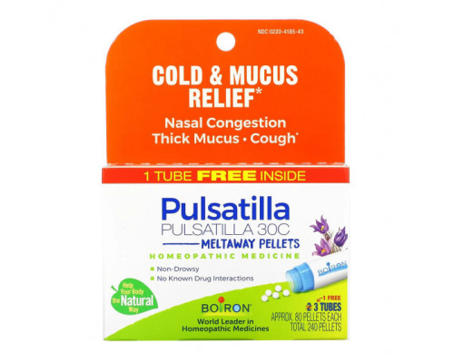 От гриппа и простуды Boiron, Pulsatilla, от простуды и снятия слизи, гранулы Meltaway, 30C, 3 тюбика, 80 гранул в каждой От гриппа и простуды Boiron, Pulsatilla, от простуды и снятия слизи, гранулы Meltaway, 30C, 3 тюбика, 80 гранул в каждой